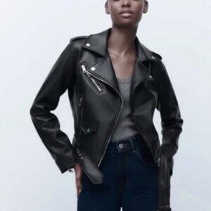 ZARA Vegan Faux Leather Motorcycle Moto Zippered Black Jacket w/ Belt Sz Medium